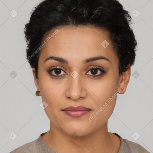 Neutral latino young-adult female with short  black hair and brown eyes