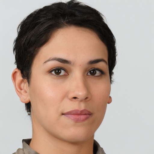 Neutral latino young-adult female with short  brown hair and brown eyes