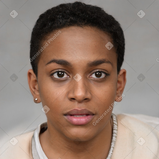 Neutral black young-adult female with short  brown hair and brown eyes