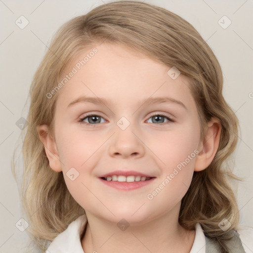 Joyful white child female with medium  brown hair and grey eyes