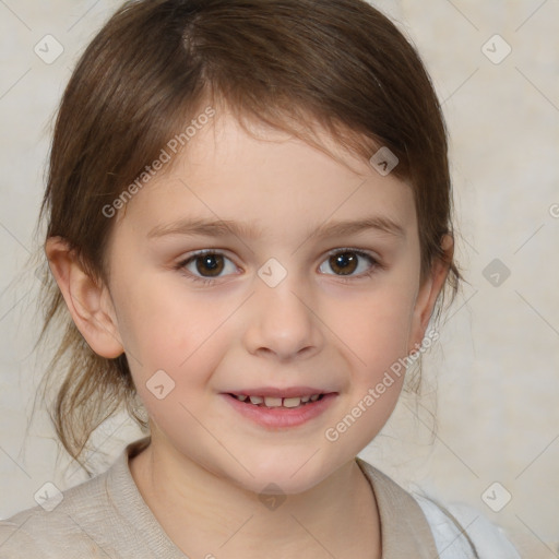 Joyful white child female with medium  brown hair and brown eyes