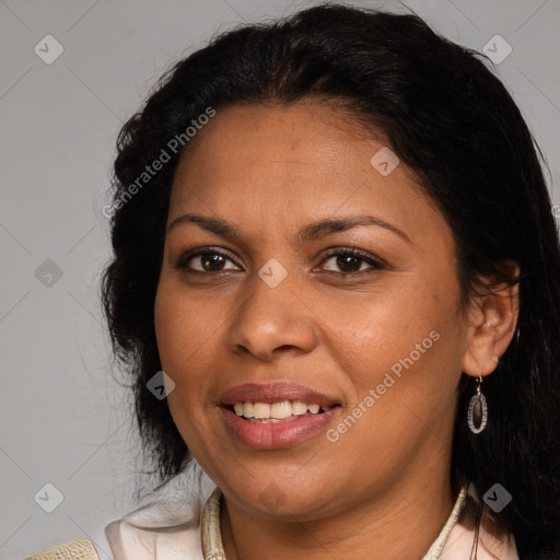 Joyful white adult female with medium  brown hair and brown eyes