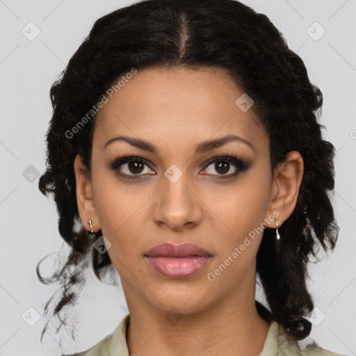 Joyful latino young-adult female with medium  brown hair and brown eyes