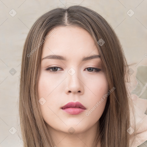 Neutral white young-adult female with long  brown hair and brown eyes