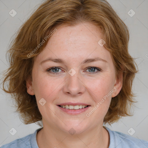 Joyful white young-adult female with medium  brown hair and blue eyes