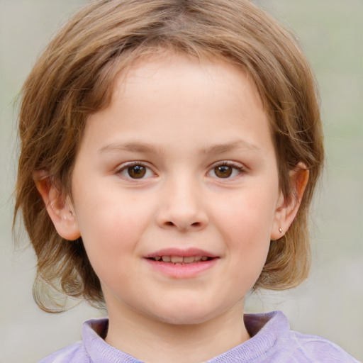 Joyful white child female with medium  brown hair and blue eyes