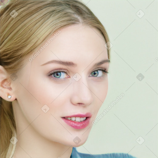 Neutral white young-adult female with medium  brown hair and blue eyes