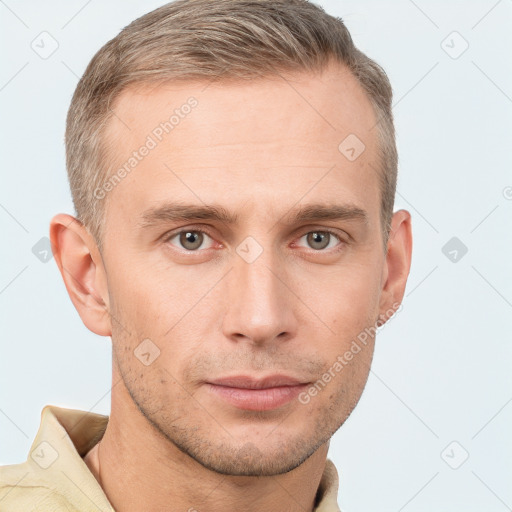 Neutral white young-adult male with short  brown hair and grey eyes