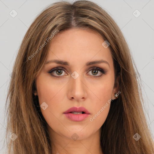 Neutral white young-adult female with long  brown hair and brown eyes