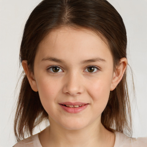 Joyful white child female with medium  brown hair and brown eyes