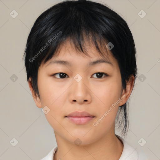 Neutral asian young-adult female with medium  brown hair and brown eyes