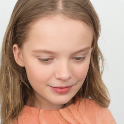 Joyful white child female with long  brown hair and brown eyes