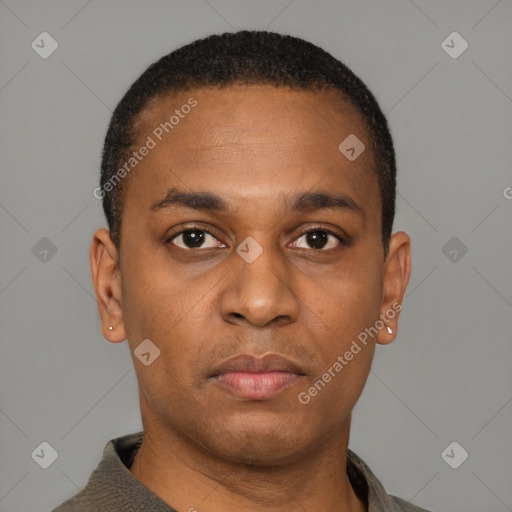 Neutral latino young-adult male with short  black hair and brown eyes