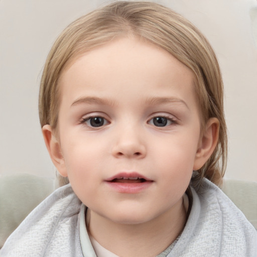 Neutral white child female with medium  brown hair and blue eyes