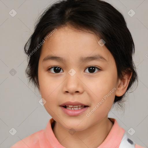 Joyful white child female with medium  brown hair and brown eyes