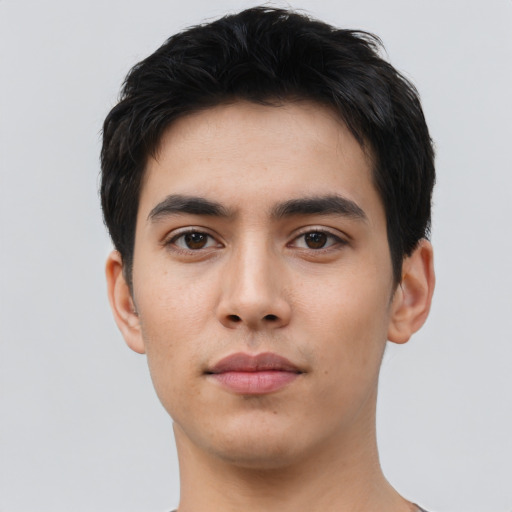 Neutral asian young-adult male with short  black hair and brown eyes