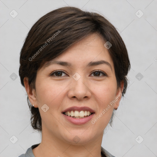 Joyful white young-adult female with medium  brown hair and grey eyes