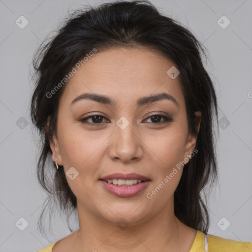 Joyful latino young-adult female with medium  brown hair and brown eyes