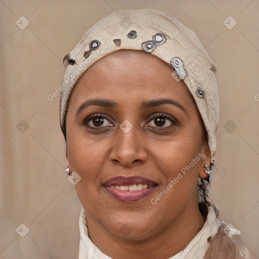 Joyful black adult female with short  brown hair and brown eyes