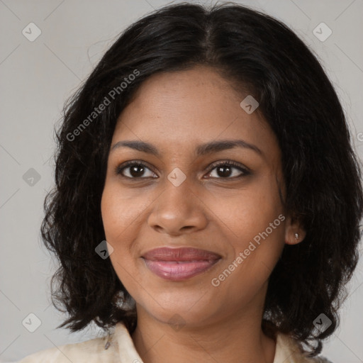 Joyful black young-adult female with medium  brown hair and brown eyes