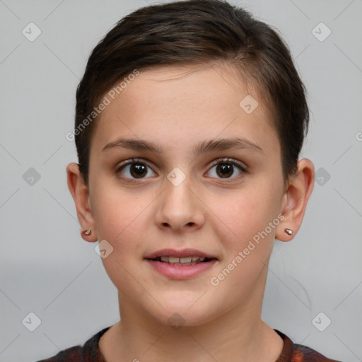 Joyful white child female with short  brown hair and brown eyes