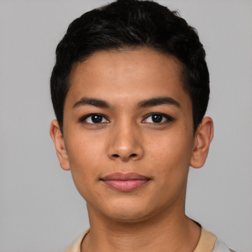 Neutral asian young-adult female with short  black hair and brown eyes