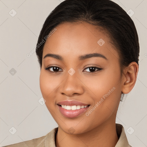 Joyful latino young-adult female with long  brown hair and brown eyes