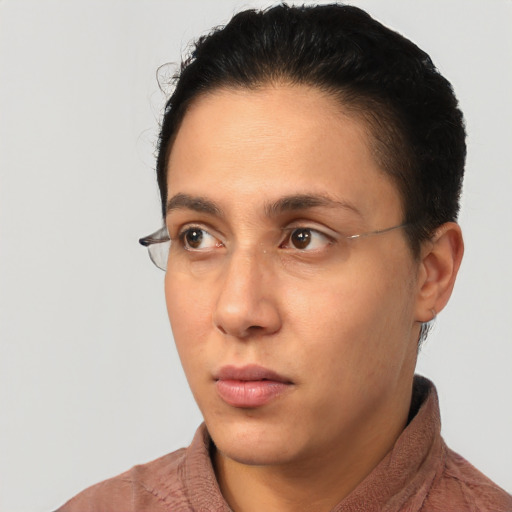 Neutral latino young-adult female with short  brown hair and brown eyes
