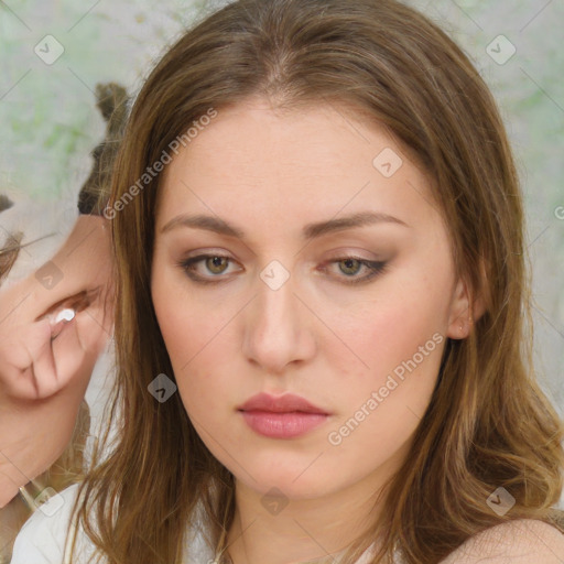 Neutral white young-adult female with medium  brown hair and brown eyes