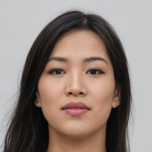 Neutral asian young-adult female with long  black hair and brown eyes