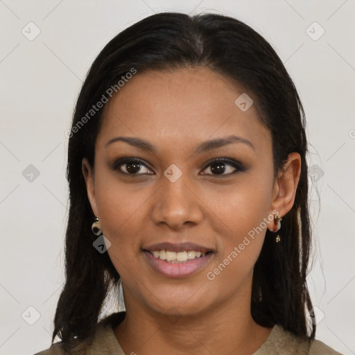 Joyful black young-adult female with medium  brown hair and brown eyes