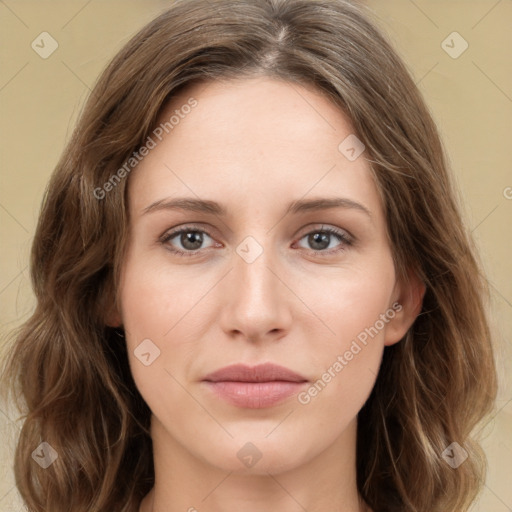 Joyful white young-adult female with medium  brown hair and green eyes