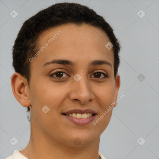 Joyful latino young-adult female with short  brown hair and brown eyes
