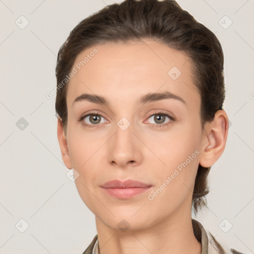 Neutral white young-adult female with short  brown hair and brown eyes