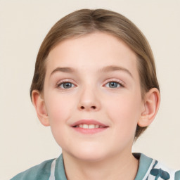 Joyful white child female with medium  brown hair and blue eyes