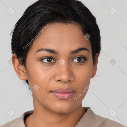 Joyful latino young-adult female with short  brown hair and brown eyes