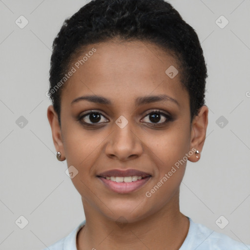 Joyful latino young-adult female with short  brown hair and brown eyes