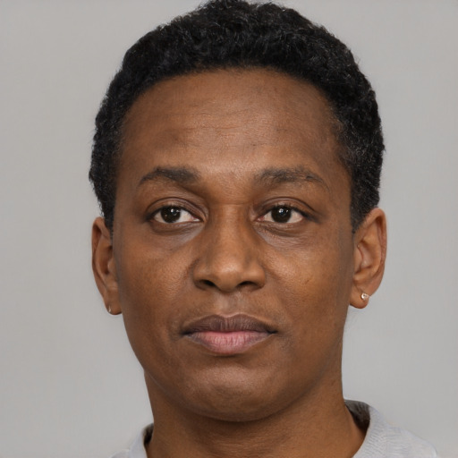 Neutral black adult male with short  black hair and brown eyes