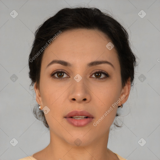 Neutral asian young-adult female with medium  brown hair and brown eyes