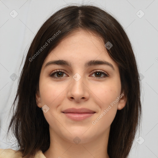 Joyful white young-adult female with medium  brown hair and brown eyes