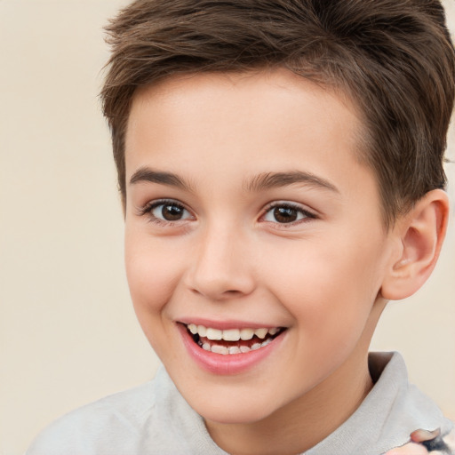 Joyful white child female with short  brown hair and brown eyes