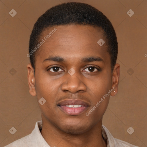 Joyful latino young-adult male with short  brown hair and brown eyes