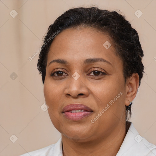 Joyful latino adult female with short  brown hair and brown eyes