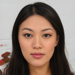 Neutral asian young-adult female with long  brown hair and brown eyes