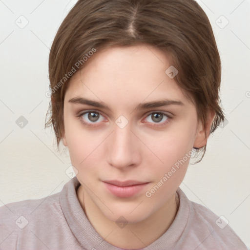 Neutral white young-adult female with short  brown hair and brown eyes