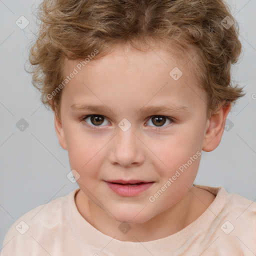 Joyful white child female with short  brown hair and brown eyes