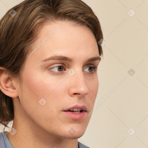 Neutral white young-adult female with medium  brown hair and grey eyes