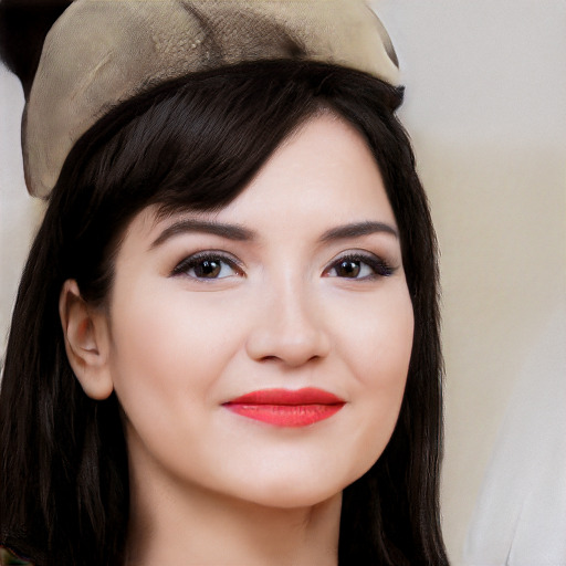 Joyful white young-adult female with long  black hair and brown eyes