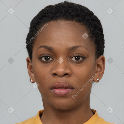 Neutral black young-adult female with short  brown hair and brown eyes