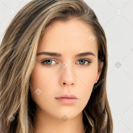 Neutral white young-adult female with long  brown hair and brown eyes